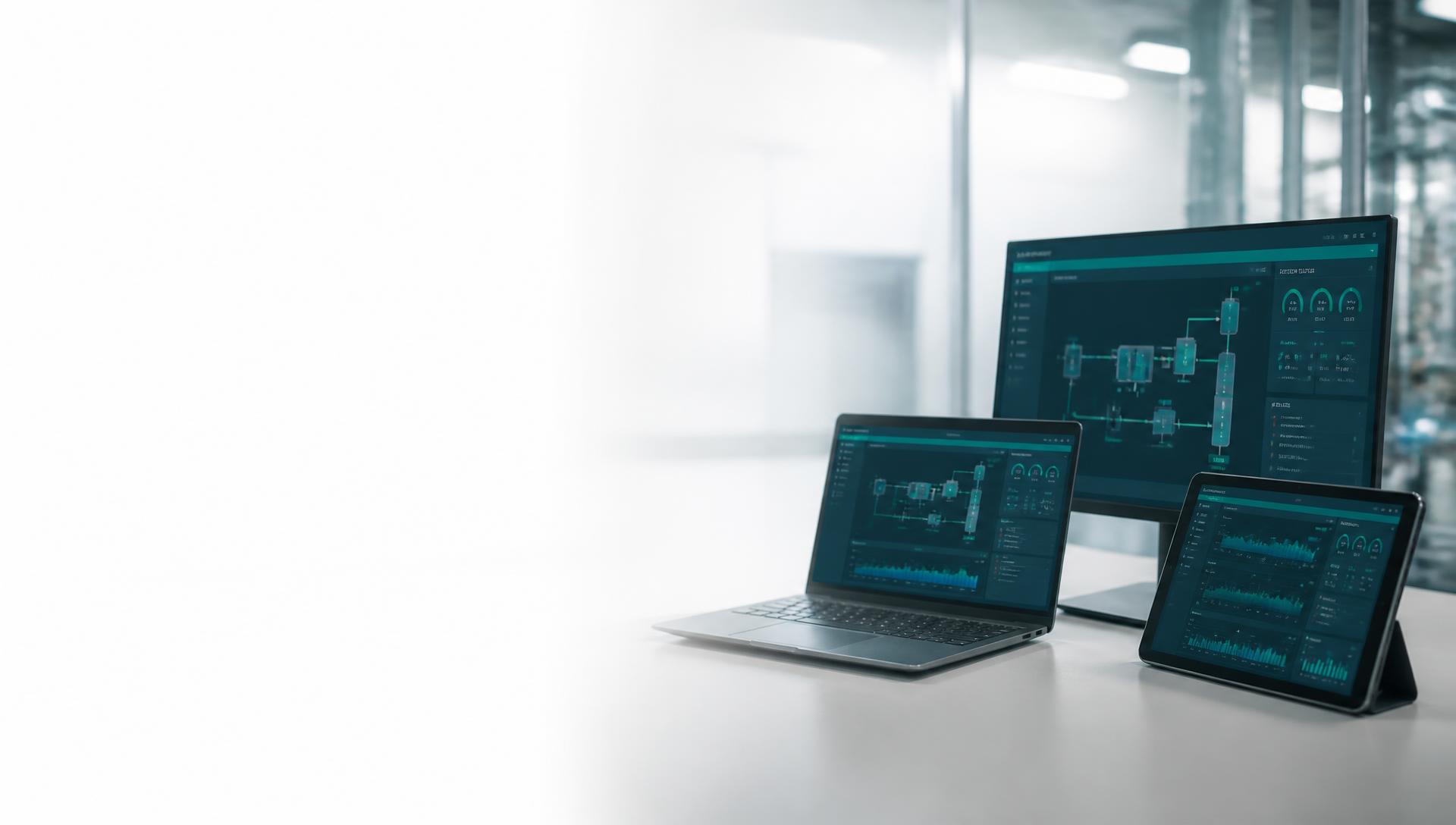 Kundenspezifische App-Dashboards auf Laptop, Monitor und Tablet im Leitstand